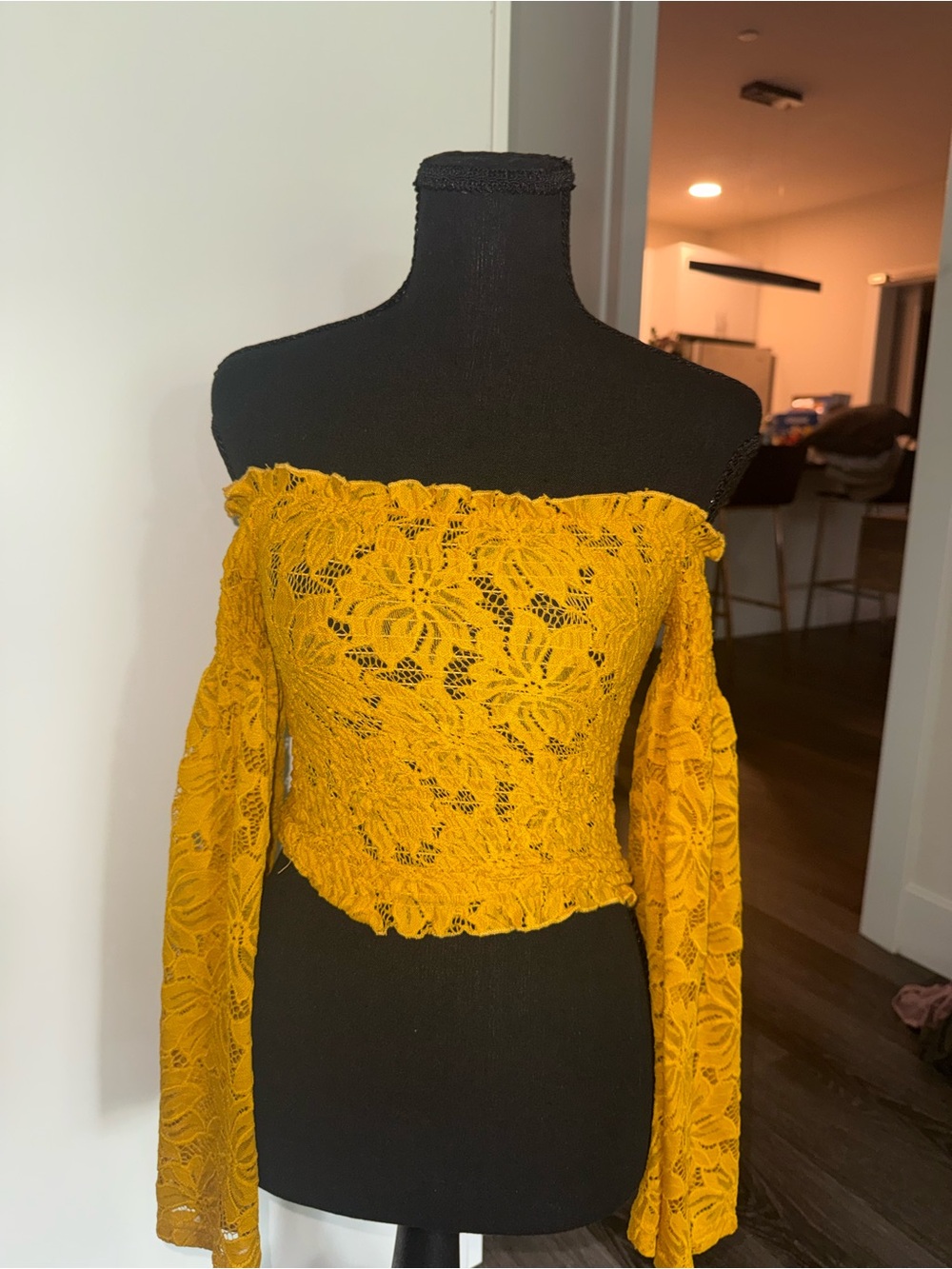 Charlotte Russe Mustard Yellow Off-Shoulder Lace Crop Top